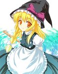  apron arms_behind_back bamboo_broom blonde_hair bow braid broom hair_bow hat kirisame_marisa long_hair looking_at_viewer lowres natsuki_shuri orange_eyes side_braid smile solo touhou waist_apron water witch_hat 