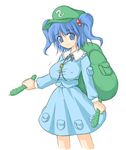  backpack bag blue_eyes blue_hair blush_stickers breasts covered_nipples cucumber hair_bobbles hair_ornament hat kawashiro_nitori large_breasts miyata_gakuman simple_background solo touhou twintails two_side_up 