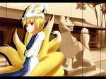  animal_ears blonde_hair blush building fox_tail hat long_sleeves looking_at_viewer multiple_tails outdoors pillow_hat red_eyes sangatsu_yuki sepia short_hair shrine solo statue tabard tail tassel touhou yakumo_ran 