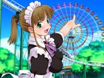  amusement_park blush breasts brown_hair ferris_wheel game_cg green_eyes kiriyama_taichi large_breasts maid_in_heaven maid_in_heaven_supers nagisa_(maid_in_heaven) open_mouth pointing ponytail solo 