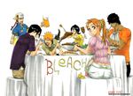  4boys abarai_renji bleach comic copyright_name eating food food_on_face fork inoue_orihime ishida_uryuu kubo_taito kuchiki_rukia kurosaki_ichigo long_hair lunch meat multiple_boys multiple_girls official_art open_mouth pitcher plate ponytail sado_yasutora sitting table tablecloth 