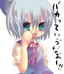  bad_id bad_pixiv_id blue_eyes bow cirno fang hair_bow lowres open_mouth pochi-t ribbon short_hair silver_hair solo tears touhou translated 