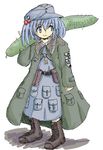  artist_request blue_eyes blue_hair boots coat cucumber hair_bobbles hair_ornament kawashiro_nitori solo touhou two_side_up 