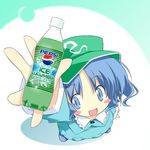  :d asoka blush_stickers foreshortening from_above full_body hands happy hat holding kawashiro_nitori looking_at_viewer looking_up lowres open_mouth pepsi pepsi_ice_cucumber product_placement smile soda solo standing touhou two_side_up 