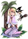  :d alice_margatroid barefoot blonde_hair blush braid broom broom_riding capelet dress full_body hairband hase_neet hat kirisame_marisa kneeling minigirl multiple_girls open_mouth palm_tree pink_dress single_braid size_difference smile touhou tree witch_hat 