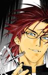 artist_request blue_eyes chain cross glasses grin kaneshiro_hokuto male_focus red_hair rosario+vampire smile solo 