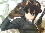  \m/ androgynous black_hair coat fur_hat gloves goggles green_eyes gun handgun hat kakaon kino kino_no_tabi macross macross_frontier parody reverse_trap revolver seikan_hikou short_hair solo weapon 