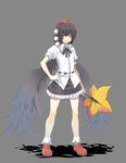  bad_id bad_pixiv_id black_hair black_wings fan hat hauchiwa hisagi_hotaru legs looking_at_viewer red_eyes ribbon shameimaru_aya short_hair skirt solo touhou wings 