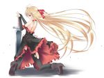  back bad_id bad_pixiv_id blonde_hair doa_(wabisabi) hair_ribbon kneeling legs long_hair looking_back original ribbon solo sword thighhighs very_long_hair weapon 