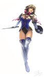  blonde_hair boots breasts cassandra_alexandra cleavage gloves green_eyes jayun large_breasts necktie pink_neckwear shield short_hair solo soulcalibur soulcalibur_iv sword thigh_boots thighhighs weapon 