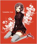  brown_hair buzz d.gray-man happy kneeling lenalee_lee purple_eyes short_hair skirt solo thighhighs 