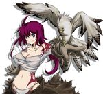  bird bird_on_hand blue_eyes breasts cleavage covered_nipples gloves hanafusa_itsuki hawk jewelry large_breasts midriff necklace original panties purple_hair solo tattoo underwear 