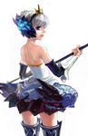  armor armored_dress back bad_id bad_pixiv_id blue_eyes crown detached_sleeves dress from_behind gwendolyn gyomin hat lips looking_back no_choker odin_sphere staff strapless strapless_dress thighhighs tiara white_hair wings 