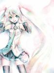  detached_sleeves faux_traditional_media green_eyes green_hair hatsune_miku kei_(keigarou) long_hair lowres necktie solo thighhighs twintails vocaloid zettai_ryouiki 