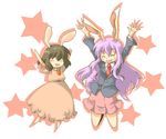  \o/ animal_ears arms_up bad_id bad_pixiv_id black_hair bunny_ears chibi haradaiko_(arata_himeko) inaba_tewi jumping long_hair multiple_girls outstretched_arms purple_hair reisen_udongein_inaba short_hair touhou 