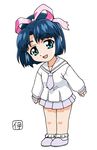  :d blue_hair bobby_socks chibi full_body green_eyes hair_ribbon hakuhouin_ayano itou_katsunobu open_mouth pink_ribbon pleated_skirt ponytail ribbon sailor_collar school_uniform serafuku short_hair skirt slippers smile socks solo soreyuke!_uchuu_senkan_yamamoto_youko standing tareme white_legwear 