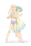  :d back-to-back barefoot blue_eyes blush dress green_hair hirasawa_meio looking_at_viewer looking_back macross macross_frontier midriff multiple_girls navel open_mouth ranka_lee red_eyes sheryl_nome short_hair short_shorts shorts simple_background sketch smile soles stomach sundress toes white_background yellow_dress 