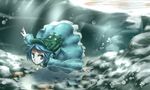  backpack bag blue_eyes blue_hair bubble dress hat kasuteru kawashiro_nitori key rock short_hair solo sparkle touhou two_side_up underwater 