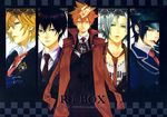  artist_request black_hair blonde_hair coat collar cowboy_shot dino_(reborn) expressionless formal gokudera_hayato hibari_kyouya katekyo_hitman_reborn! long_sleeves looking_at_viewer multiple_boys open_clothes open_coat orange_hair rokudou_mukuro sawada_tsunayoshi silver_hair spiked_hair suit 