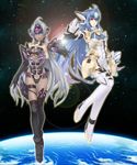  android blue_hair cyborg dark_skin highres kos-mos kos-mos_ver._4 legs lips long_hair multiple_girls ohse t-elos thighhighs white_hair xenosaga xenosaga_episode_iii 