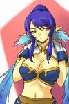  blue_hair breasts cleavage gloves judith large_breasts long_hair michael midriff navel pointy_ears red_eyes solo standing tales_of_(series) tales_of_vesperia 