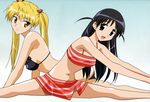  :d arm_support armpits ass bangs bikini bikini_skirt black_bikini black_hair blonde_hair blue_background blue_eyes breasts closed_mouth eyebrows_visible_through_hair frilled_bikini frills from_side gradient gradient_background hair_ribbon hair_tie happy highres kanasaki_takaomi leaning_to_the_side legs light_smile looking_at_viewer lying medium_breasts multiple_girls navel official_art open_mouth orange_eyes outstretched_arms parted_bangs red_bikini red_ribbon ribbon sawachika_eri scan school_rumble shiny shiny_hair shiny_skin side_slit smile split straight_hair stretch striped striped_bikini swimsuit tsukamoto_tenma two_side_up white_background 