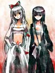  abaraya banchou bangs black_hair blunt_bangs bow fujiwara_no_mokou hand_in_pocket highres houraisan_kaguya long_hair midriff multiple_girls navel open_clothes open_shirt sarashi shirt silver_hair touhou very_long_hair 