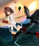  bad_id bad_pixiv_id bird crow fan flying geta hat hauchiwa looking_at_viewer mugenshiki notebook open_mouth red_eyes shameimaru_aya skirt solo tengu-geta thighhighs touhou 