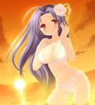  bad_id bad_pixiv_id bikini blue_hair blush breasts cleavage flower hair_flower hair_ornament idolmaster idolmaster_(classic) idolmaster_live_for_you! komi_zumiko large_breasts long_hair miura_azusa navel red_eyes solo sunset swimsuit wading water white_bikini 