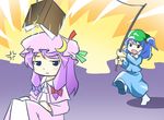  :d anger_vein angry artist_request blue_hair book fishing fishing_rod kawashiro_nitori long_sleeves multiple_girls open_mouth patchouli_knowledge purple_eyes purple_hair short_hair smile touhou two_side_up 
