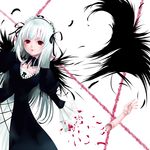  akamaru albino bad_id bad_pixiv_id black_wings blood doll_joints feathers long_hair lying red_eyes rozen_maiden solo suigintou white_hair wings 
