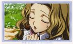  artist_request ashford_academy_uniform blush closed_eyes code_geass code_geass:_lost_colors food fork highres nunnally_lamperouge scan solo 