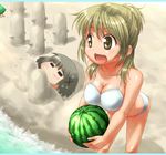  bikini food fruit hidamari_sketch holding holding_food holding_fruit miyako multiple_girls swimsuit ttomm watermelon yuno 