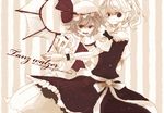  apron azuma_aya beige dress evil_smile hat izayoi_sakuya looking_at_viewer mob_cap monochrome multiple_girls orange_(color) puffy_short_sleeves puffy_sleeves remilia_scarlet shaded_face short_hair short_sleeves smile touhou twintails waist_apron 