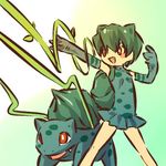  :d blush_stickers bulbasaur dress elbow_gloves fang gen_1_pokemon gloves green_hair hitec moemon open_mouth personification plant pokemon pokemon_(creature) red_eyes short_hair smile v-shaped_eyebrows vines 