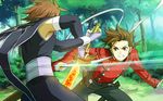  angry armpits battle brown_hair clash day detached_sleeves dual_wielding duel fingerless_gloves gloves holding holding_sword holding_weapon kratos_aurion lloyd_irving male_focus multiple_boys outdoors red_eyes red_shirt shimabara shirt suspenders sword tales_of_(series) tales_of_symphonia tree weapon 