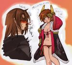  1girl ;d blood blush brown_eyes brown_hair character_request cowboy_shot gem genderswap genderswap_(mtf) headpiece ishida_mitsunari_(sengoku_musou) midriff momo&amp;a navel no_eyes nosebleed one_eye_closed open_mouth revealing_clothes sengoku_musou sengoku_musou_2 shaded_face smile stomach 