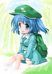  artist_request backpack bag blue_eyes blue_hair hair_bobbles hair_ornament hat kawashiro_nitori key open_mouth short_hair sitting skirt smile soaking_feet solo touhou twintails two_side_up water 