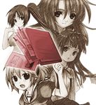  artist_request brown fang floating_hair folder furude_rika gif_artifacts higurashi_no_naku_koro_ni houjou_satoko long_hair looking_at_viewer lowres monochrome multiple_girls non-web_source ponytail ryuuguu_rena sailor_collar school_uniform smile sonozaki_mion spot_color suspenders very_long_hair 