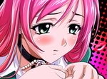  akashiya_moka artist_request blush closed_mouth collared_shirt green_eyes jewelry necklace pearl_necklace pink_hair rosario+vampire shirt smile solo tareme upper_body white_shirt 