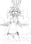  :d ^_^ armpits arms_up ass_visible_through_thighs bikini closed_eyes food front-tie_top fruit graphite_(medium) greyscale hat hikawa_shou holding monochrome open_mouth shameimaru_aya short_hair side-tie_bikini smile solo swimsuit tokin_hat touhou traditional_media wading water watermelon wings 