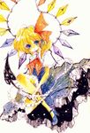  alternate_color alternate_eye_color azuma_aya blonde_hair blue_eyes bow flandre_scarlet hair_bow laevatein mary_janes no_hat no_headwear no_socks one_knee shoes solo touhou traditional_media wings 