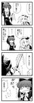  2girls 4koma ? ascot backpack bag bow comic cucumber detached_sleeves eyebrows eyebrows_visible_through_hair food greyscale hair_bow hair_tubes hakurei_reimu hat kawashiro_nitori key long_sleeves monochrome multiple_girls open_mouth pocket ribbon-trimmed_sleeves ribbon_trim speech_bubble stroma touhou translated two_side_up 