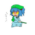  artist_request backpack bag blue_dress blue_hair cucumber dress full_body hair_bobbles hair_ornament holding holding_vegetable kawashiro_nitori long_sleeves pocket solo standing touhou two_side_up yellow_eyes 