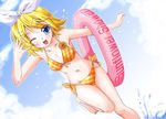  ayakaze_ryuushou bikini blonde_hair blue_eyes bow innertube kagamine_rin one_eye_closed plaid plaid_bikini short_hair side-tie_bikini smile solo swimsuit vocaloid wet 