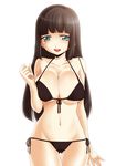  bikini black_hair breasts cleavage front-tie_top green_eyes jyuru large_breasts long_hair looking_at_viewer lowleg lowleg_bikini open_mouth original shiny shiny_skin side-tie_bikini smile solo strap_gap swimsuit thigh_gap 