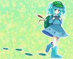  :/ aqua_hair backpack bag boots chako_(mocomoco10) footprints green_eyes hair_bobbles hair_ornament hat kawashiro_nitori reeds rubber_boots simple_background solo touhou twintails two_side_up 