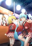  :p aerial_fireworks blonde_hair blue_eyes blue_hair bow breasts brown_eyes brown_hair candy_apple cleavage fireworks food hair_bow hatsune_miku japanese_clothes kagamine_rin kou_(haijindeath) long_hair looking_back meiko multiple_girls night one_eye_closed short_hair small_breasts tongue tongue_out twintails underboob very_long_hair vocaloid 