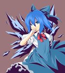  bad_id bad_pixiv_id blue_eyes blue_hair bow bowtie cirno covering_mouth dress hand_over_own_mouth kinsenka pinafore_dress ribbon short_hair simple_background solo touhou tsurime wings 