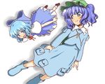 :d blue_dress blue_eyes blue_hair blush cirno dress flying kawashiro_nitori kimitoshiin loafers long_sleeves looking_at_viewer multiple_girls open_mouth pocket shoes short_hair simple_background smile socks touhou two_side_up white_background white_legwear 